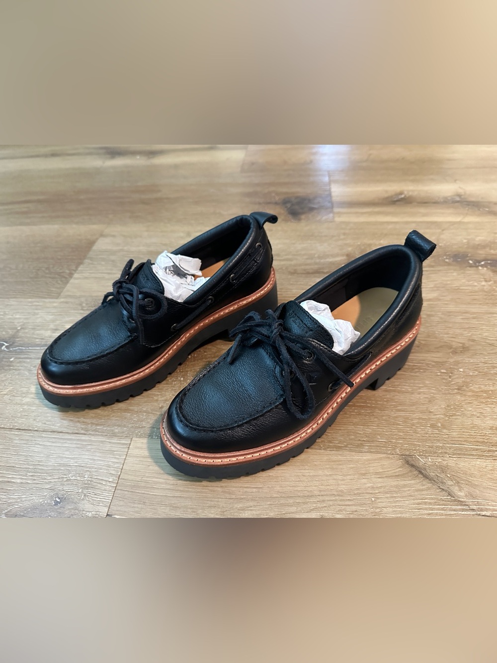 Women’s Black Leather Lug Sole Boat Shoes